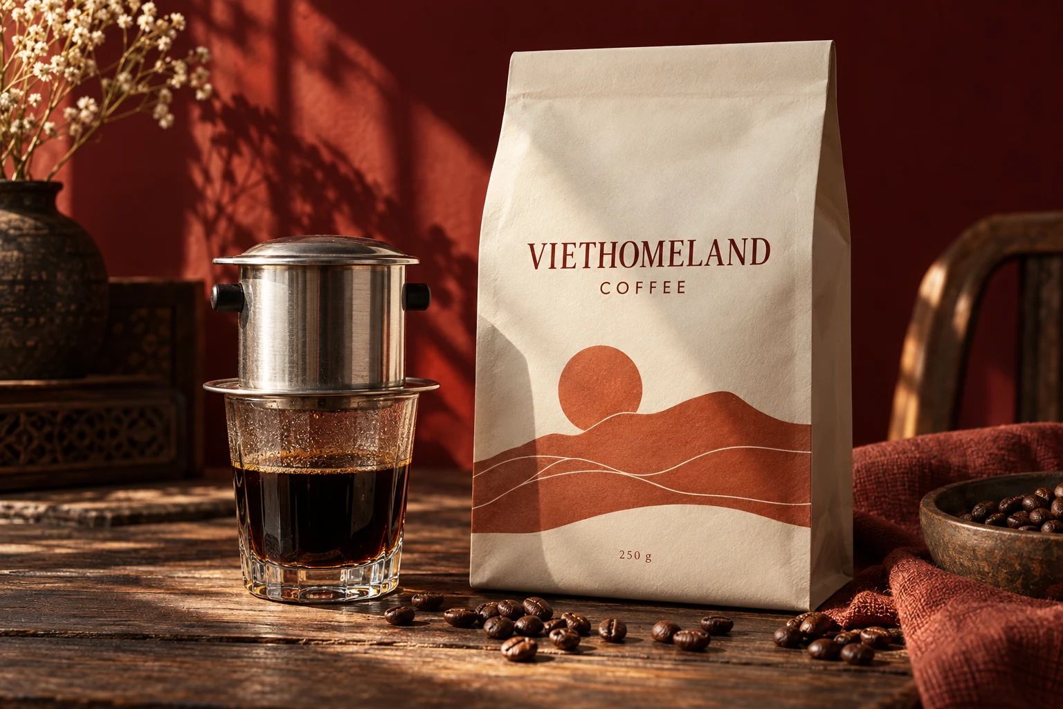 Ý tưởng bao bì VietHomeland Coffee bên phin và tách cà phê trong nắng sớm